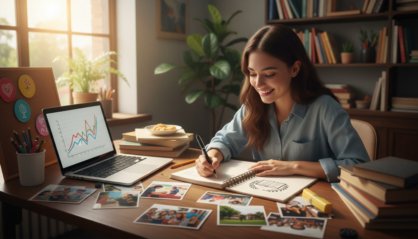 Photo Idea : A student writing in a CAS journal at a cluttered desk with photos, volunteer badges, and a laptop visible.