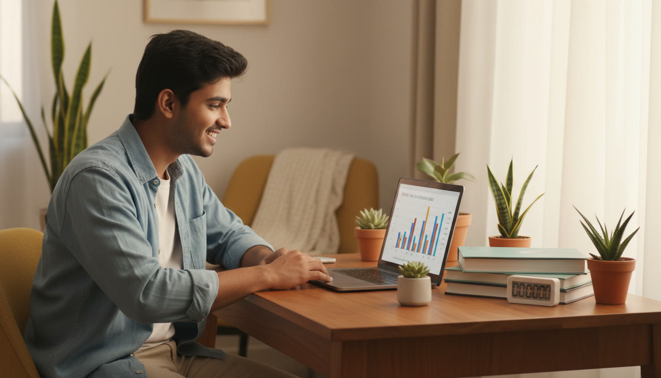 Photo Idea : Student looking relieved while checking a mock score on a laptop with textbooks and a timer on the table