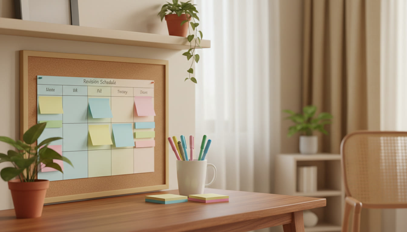 Photo Idea : Close-up of a revision timetable pinned above a desk with colored pens and sticky notes