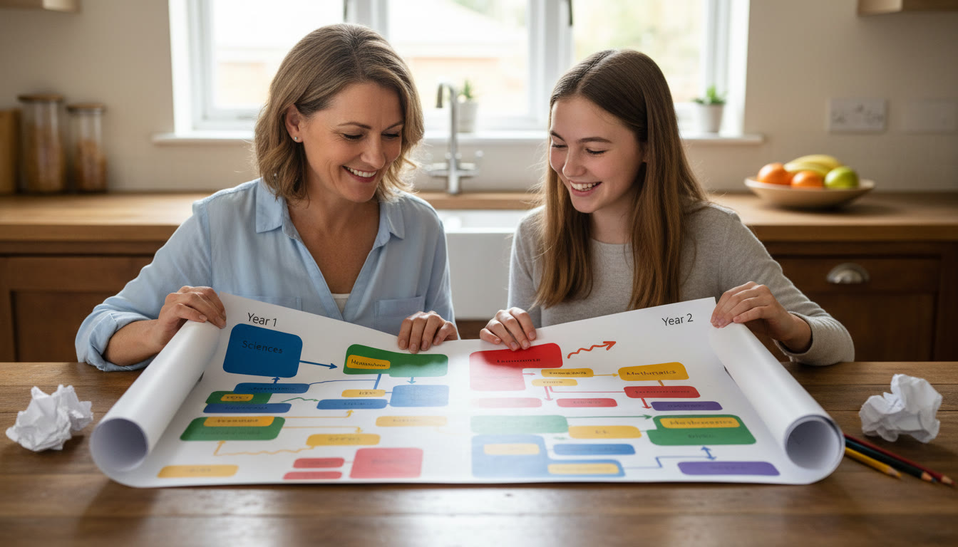 Photo Idea : Parent and student sitting at a kitchen table, unfolding a color-coded two-year IB roadmap on paper
