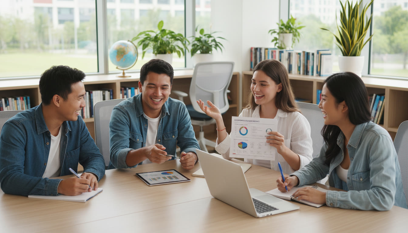 Photo Idea : A group of students discussing a spreadsheet and economic report in a bright study space