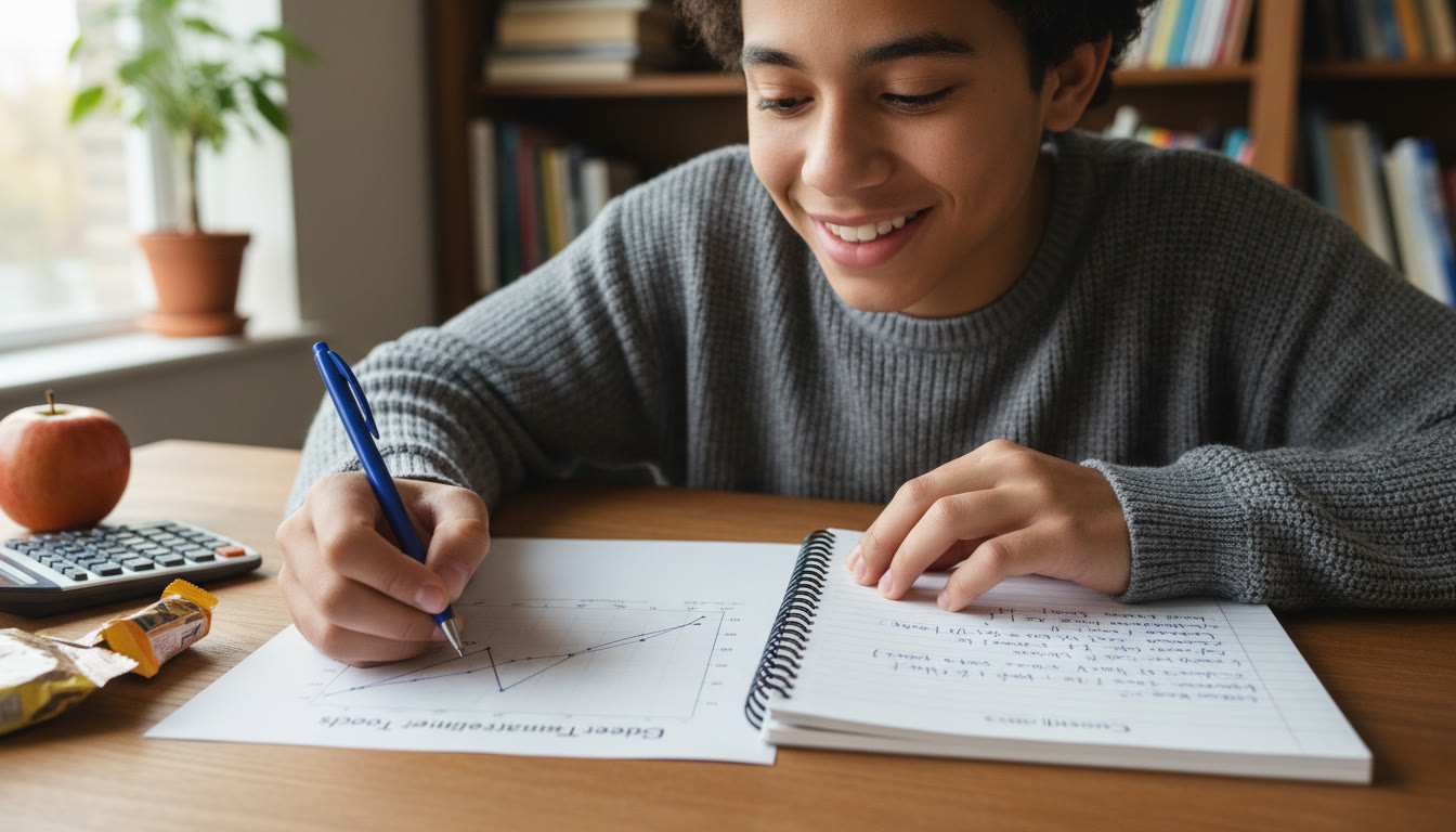 Photo Idea : Close-up of a student annotating a graph and writing conclusions in a notebook