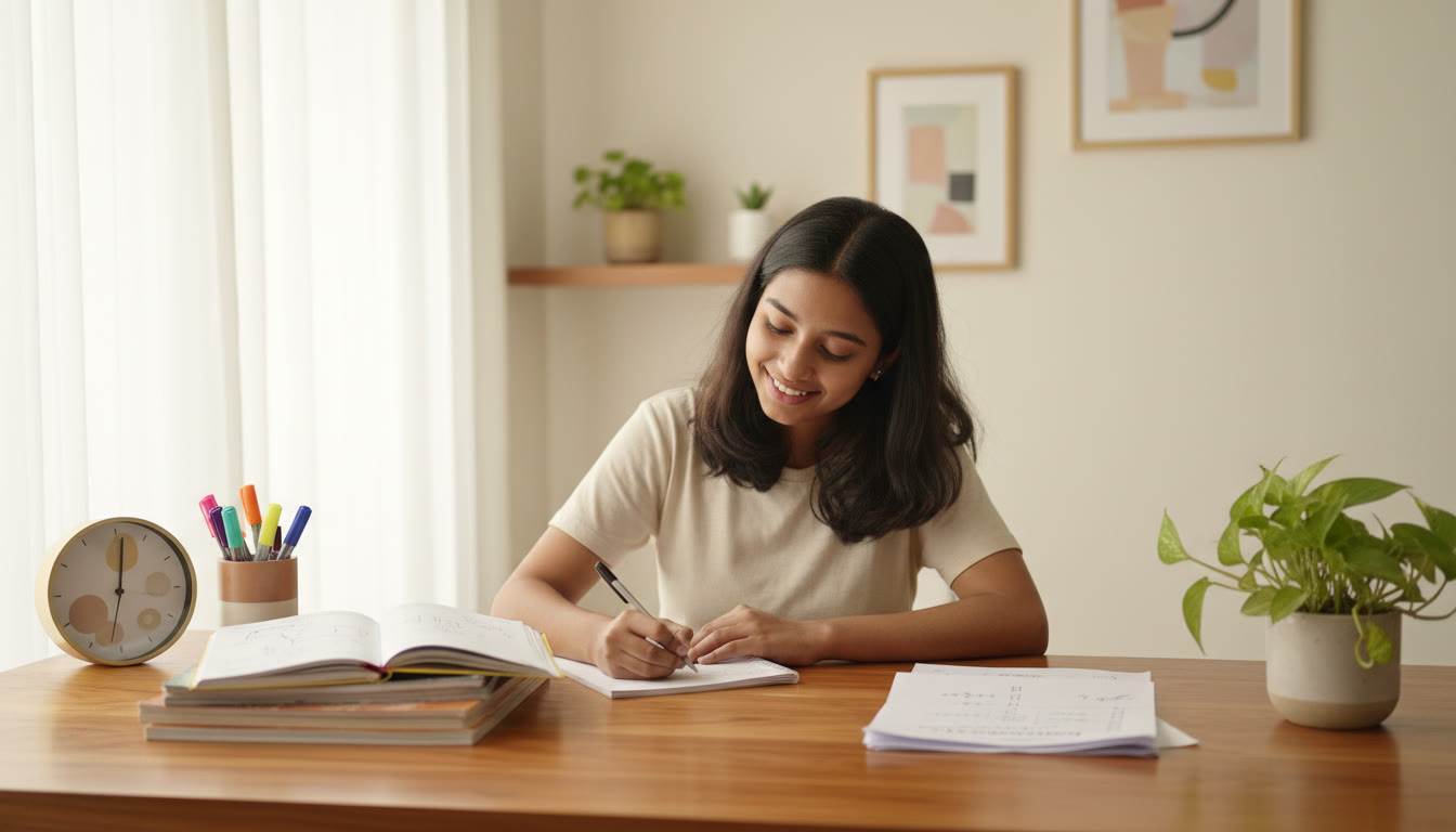 Photo Idea : Student writing at a desk with neatly organized notes, a clock, and a solved mock paper nearby