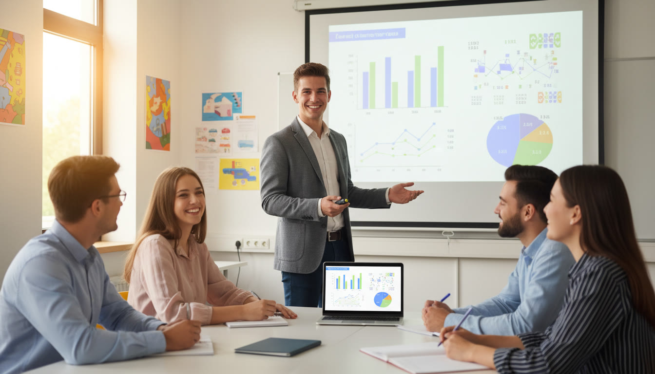 Photo Idea : A student presenting a polished slide deck to a small group, with a laptop showing charts and anonymized data