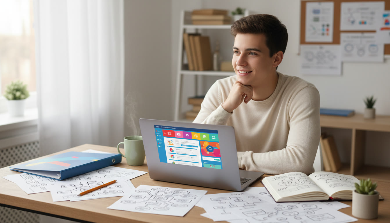 Photo Idea : Student at a tidy desk, surrounded by IB notes and a laptop open to a university application portal, smiling thoughtfully