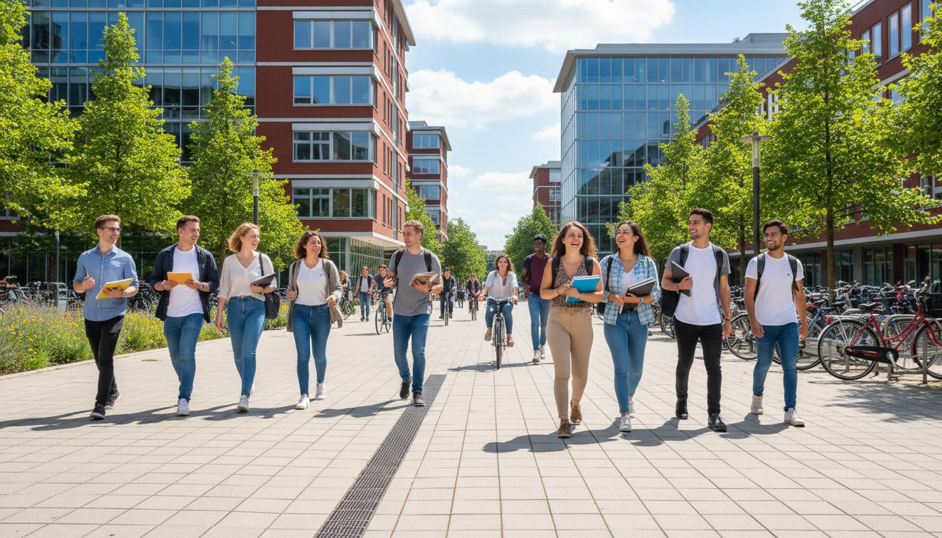Photo Idea : Students walking across a modern campus plaza with Erasmus University buildings and bicycles in the background