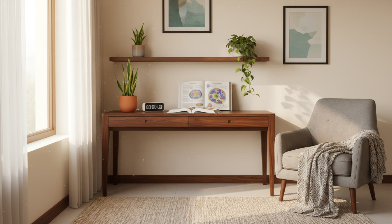 Photo Idea : A calm study nook with sunlight, an open biology textbook, and a timer on the desk.