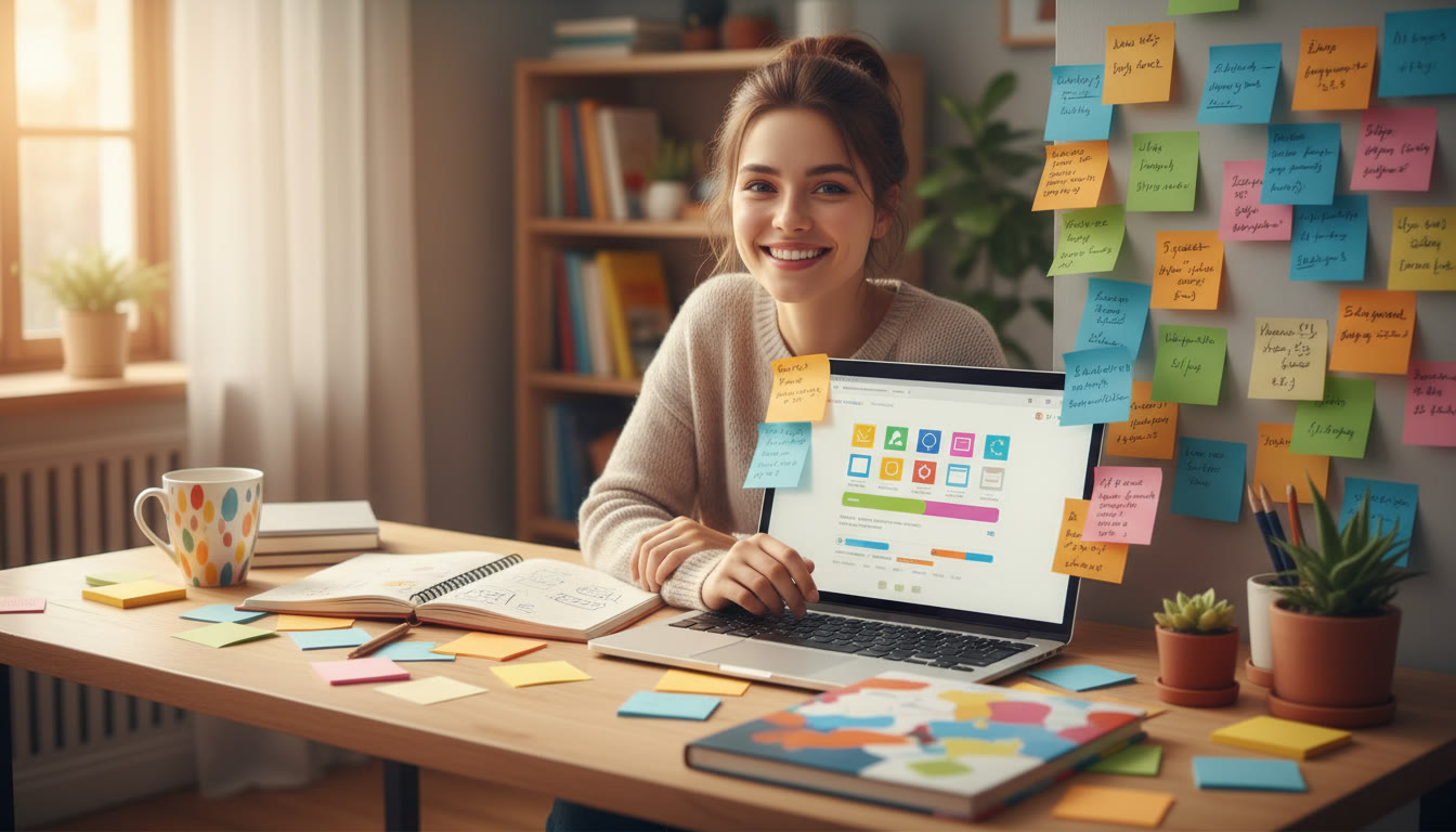 Photo Idea : Student at a study desk, IB notebooks and laptop open to an application portal, colorful sticky notes visible