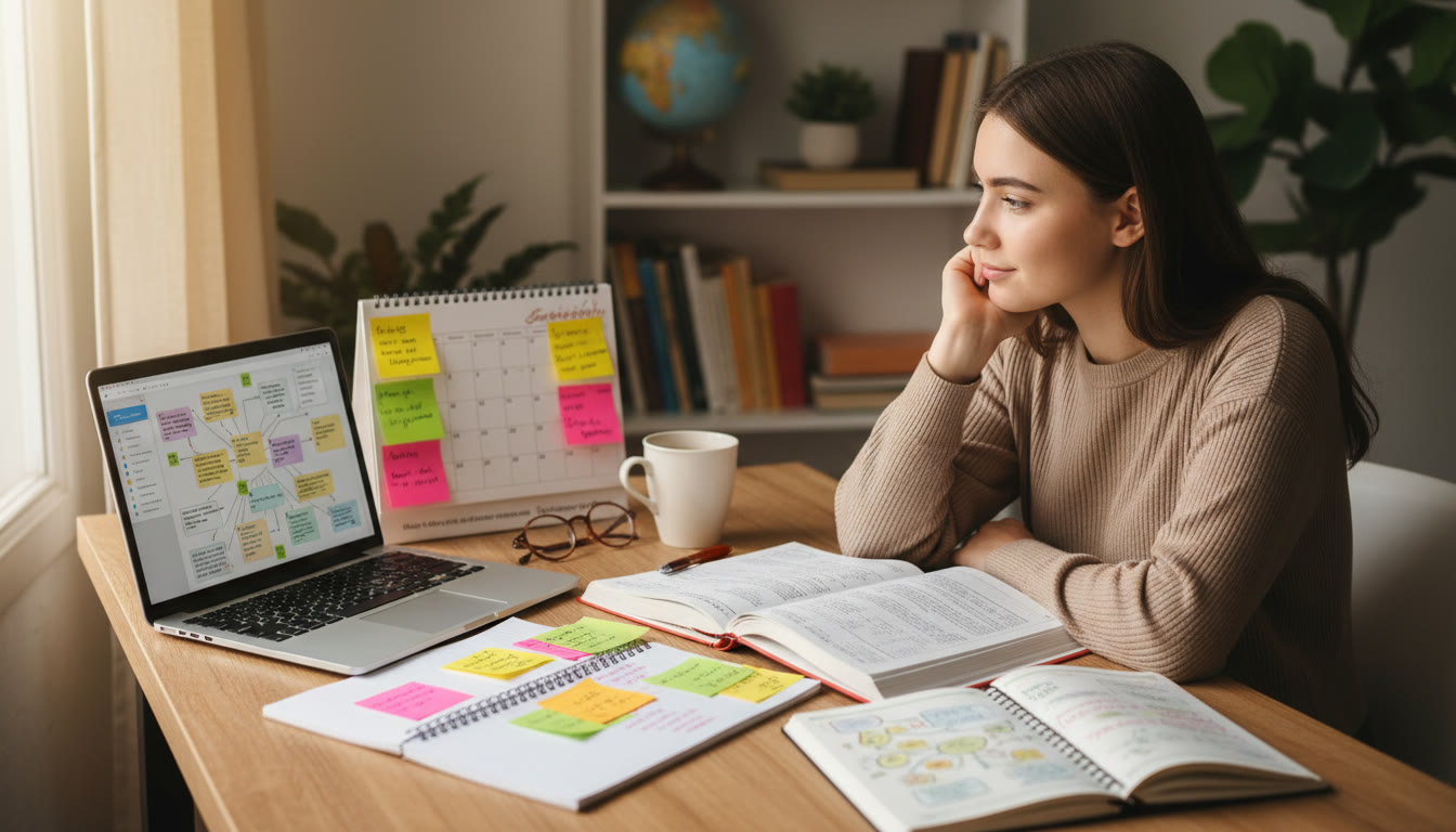 Photo Idea : A thoughtful IB student at a desk with open notebooks, a laptop showing notes, and a calendar with sticky notes