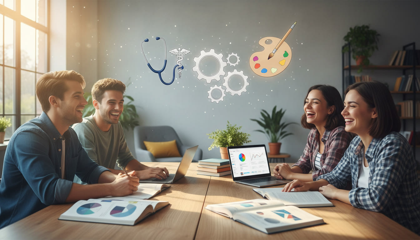 Photo Idea : Students around a table with IB textbooks, laptops, and career icons floating above (doctor stethoscope, gears, paintbrush)