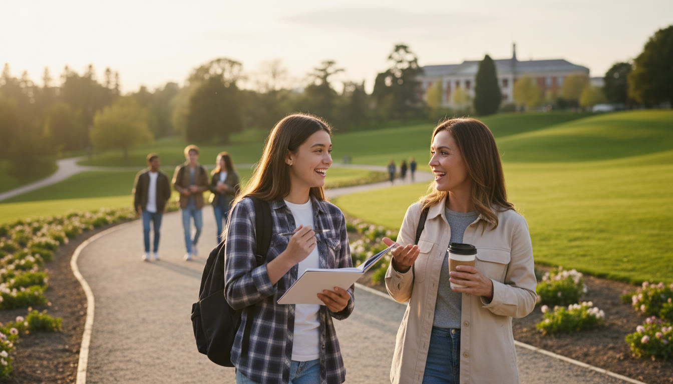 Photo Idea : Teen and parent walking outdoors discussing ideas with a notebook and coffee