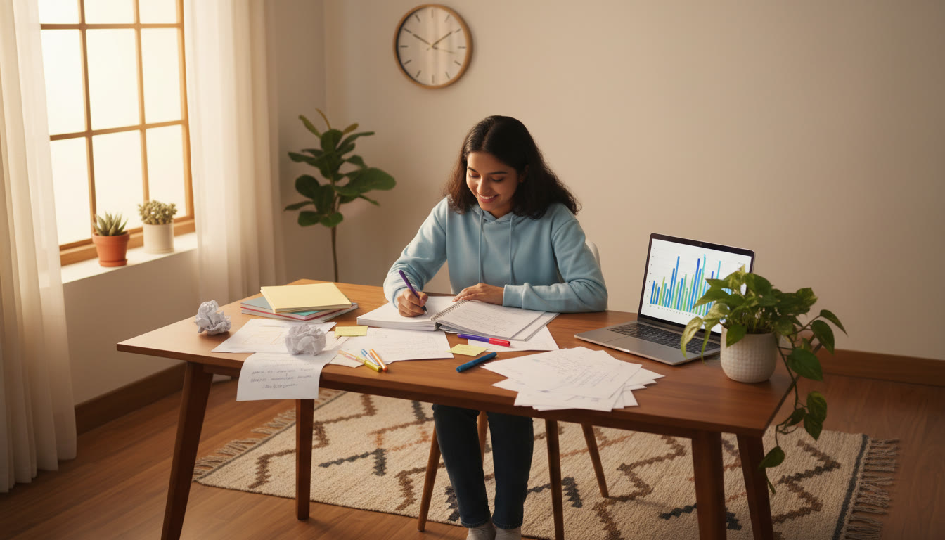 Photo Idea : A focused student studying past-year JEE papers at a desk with a clock, scattered notes, and a laptop displaying practice test analytics