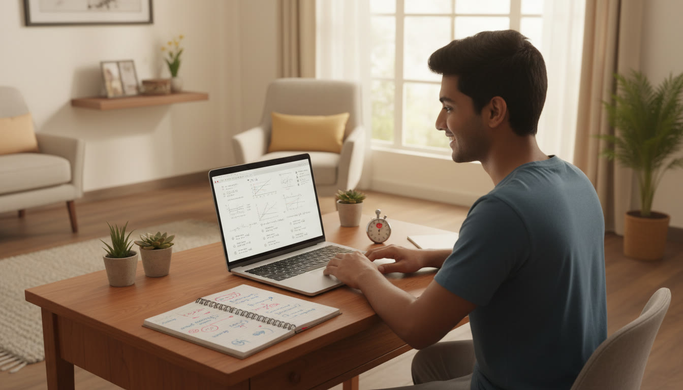 Photo Idea : Student practicing a full-length timed mock on a laptop with a stopwatch and annotated error log next to the keyboard.