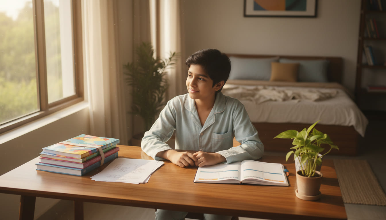 Photo Idea : Student at a desk with school textbooks on one side and a neat NEET planner open on the other, morning light streaming in