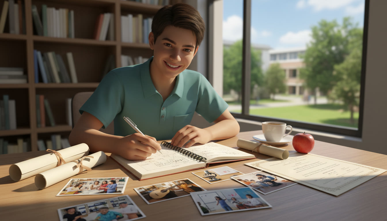 Photo Idea : Student writing in a notebook surrounded by photos and certificates