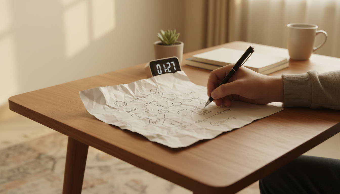 Photo Idea : Close-up of a hand quickly sketching a diagram and jotting concise steps on scrap paper with a small digital timer visible