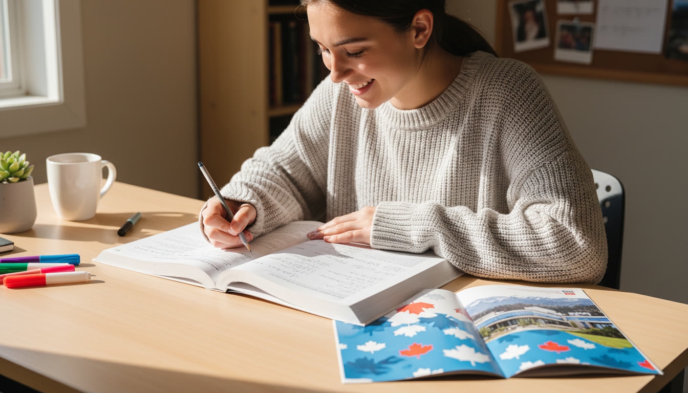 Photo Idea : Student at a desk working on calculus problems with a Canadian university brochure nearby