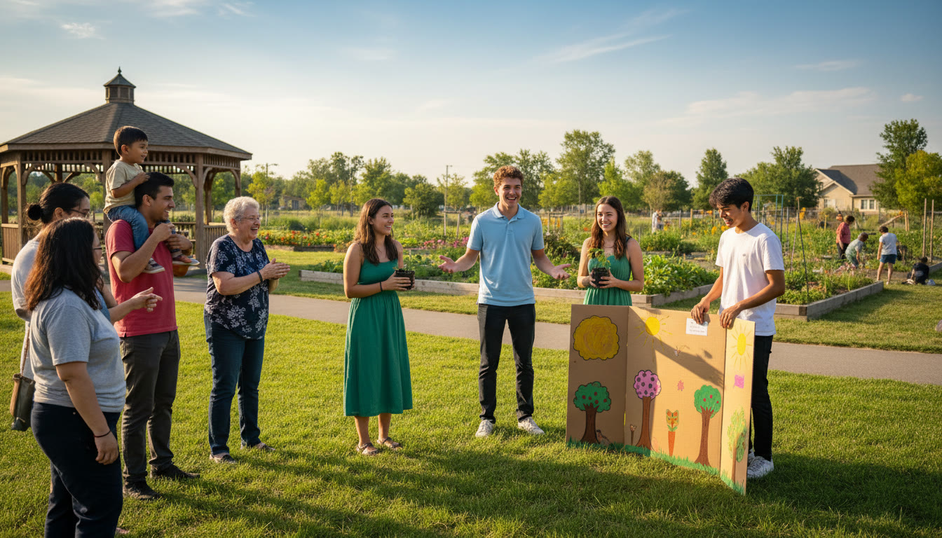 Photo Idea : A small group presenting a CAS project to community members outdoors