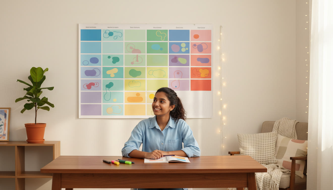 Photo Idea : A student with a color-coded wall planner mapping chapters to expected marks