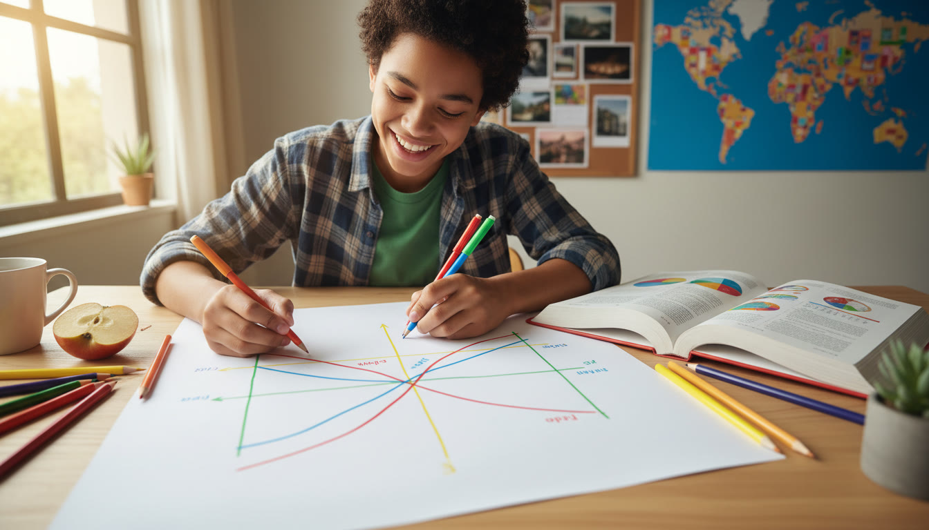 Photo Idea : Student at a desk sketching supply and demand curves with colored pens and open textbook