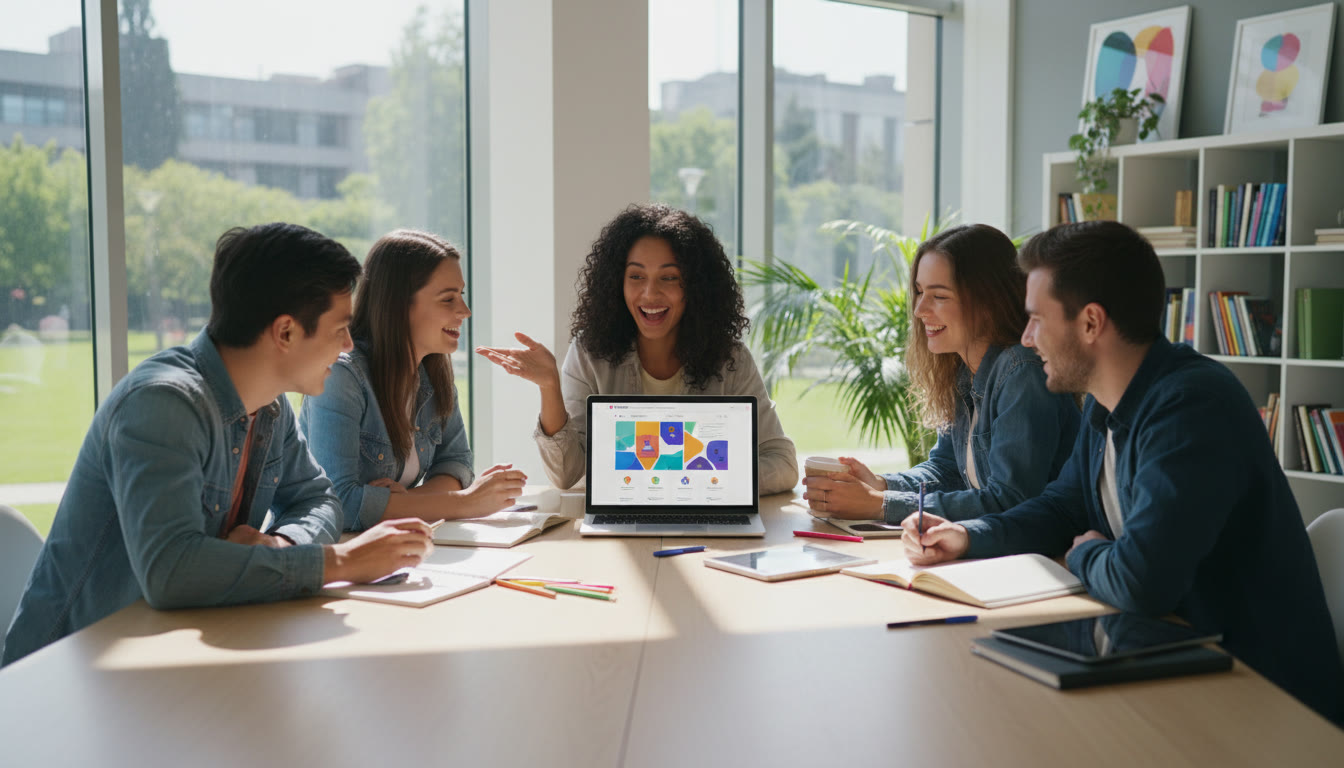 Photo Idea : A diverse group of IB students sitting in a bright study space, one pointing at a laptop showing a university course page