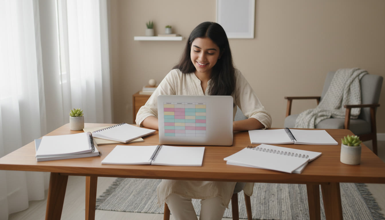 Photo Idea : A focused student at a desk surrounded by neatly organized notebooks and a laptop displaying a study timetable.