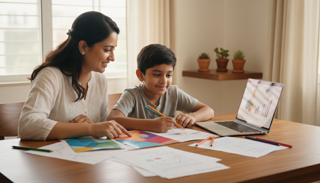 Photo Idea : A parent and child at a kitchen table comparing two colorful school brochures labeled ICSE and CBSE, with a laptop and handwritten notes.