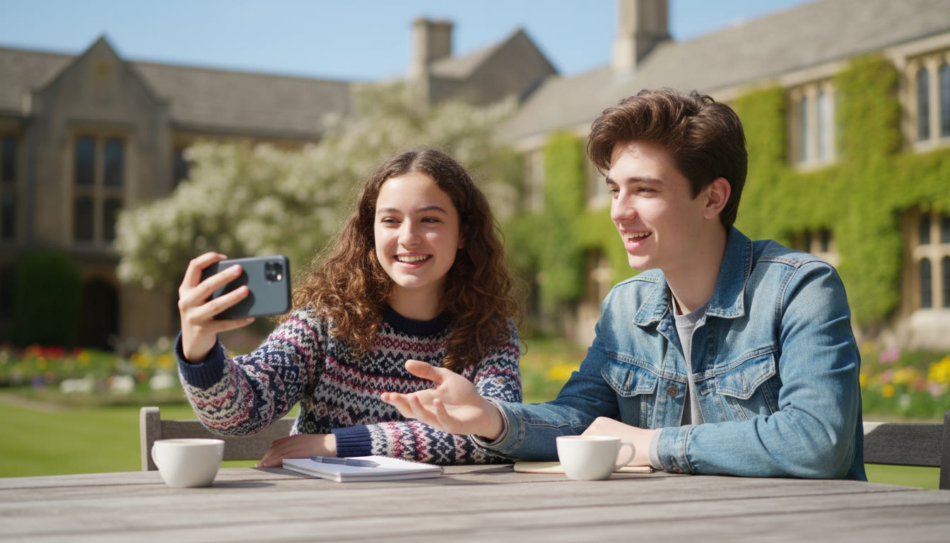 Photo Idea : Two students practicing a spoken French exchange with one recording on a smartphone
