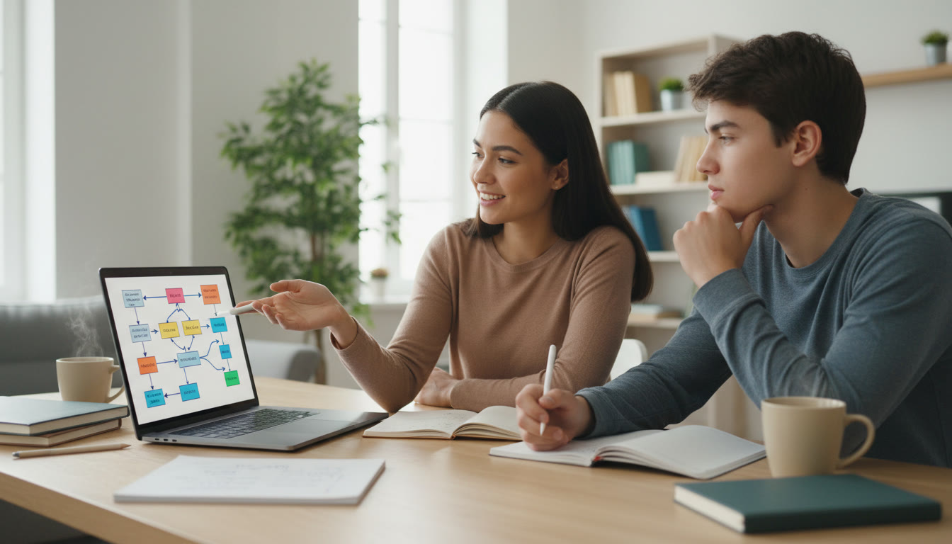 Photo Idea : A small group study scene with a tutor guiding a student through a diagram on a laptop
