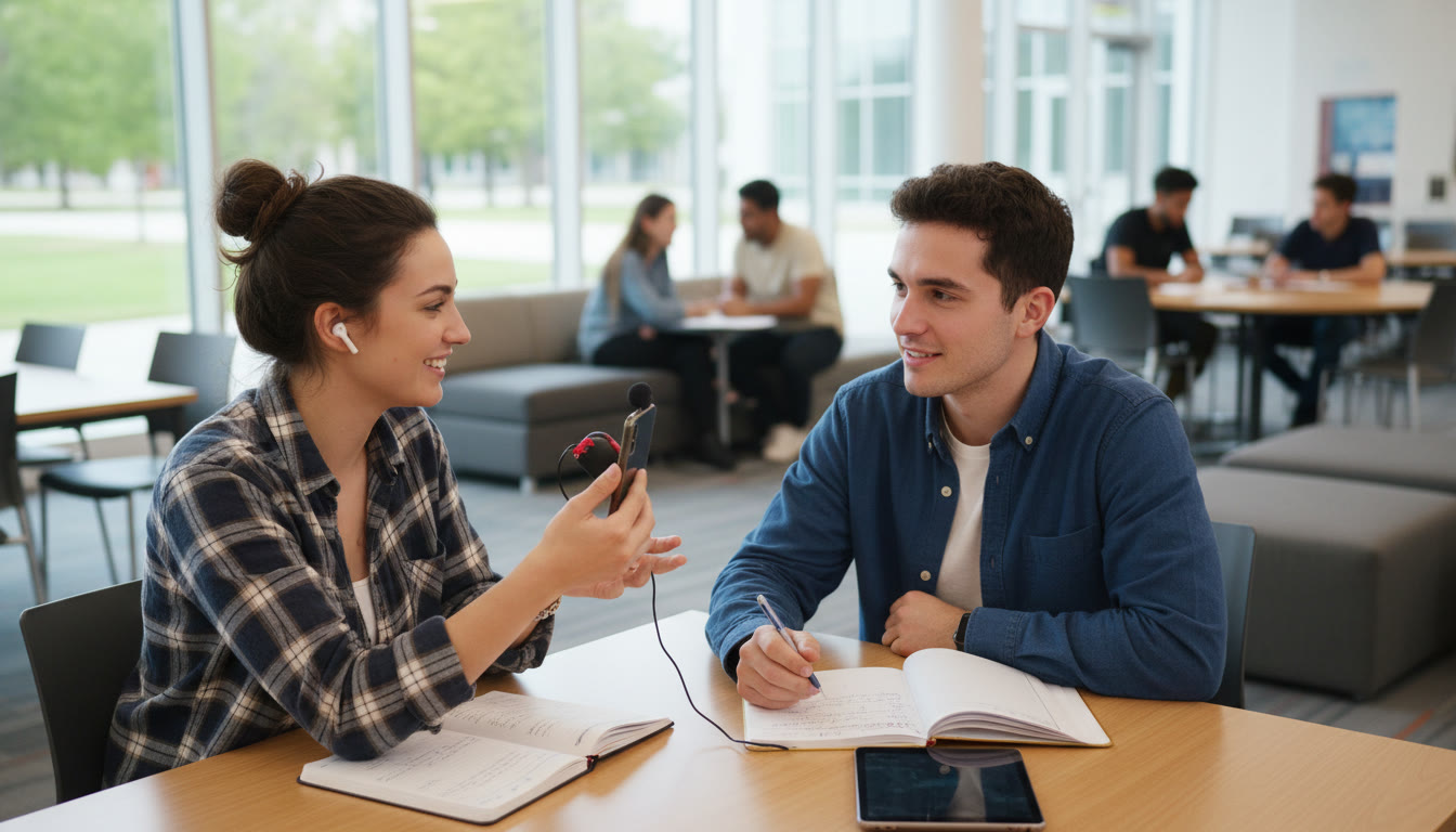 Photo Idea : Two students practicing a mock oral exam with one recording while the other asks follow-up questions