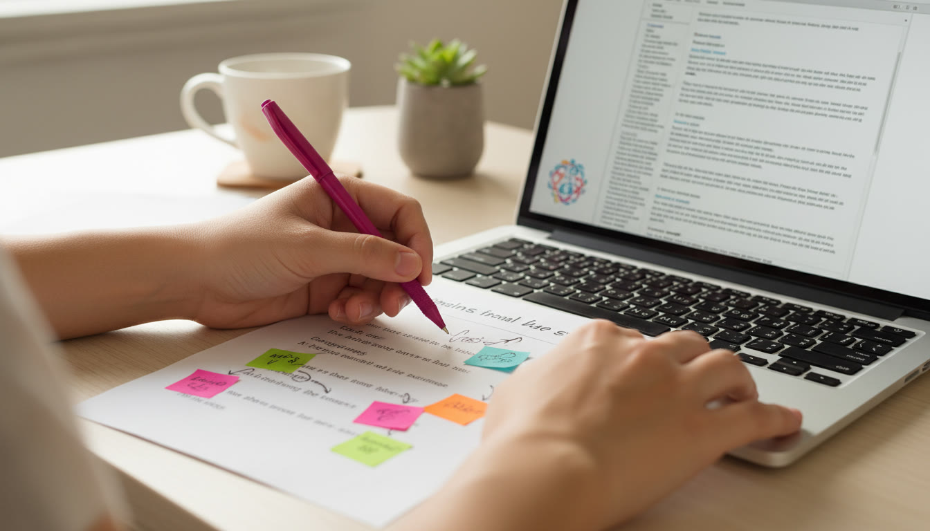 Photo Idea : Close-up of hands annotating a printed poem with colorful sticky notes and a laptop open to an essay draft