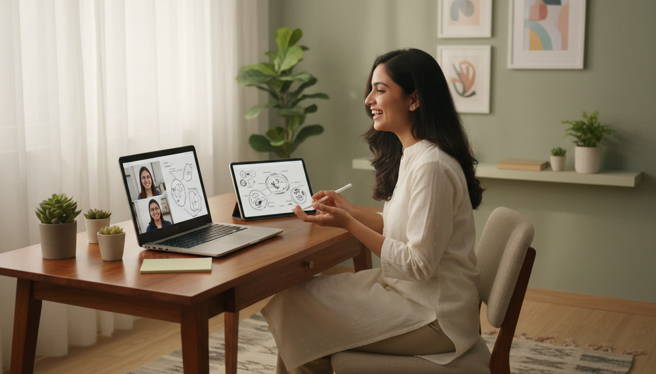 Photo Idea : One-on-one online tutoring session with a digital whiteboard showing a labeled cell diagram
