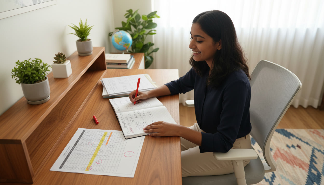 Photo Idea : A student reviewing mock test mistakes with handwritten error log and a highlighted timetable