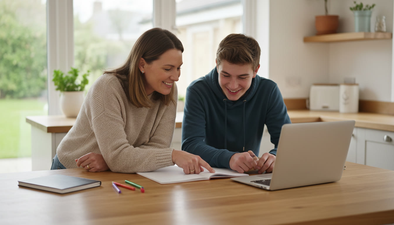 Photo Idea : A parent and teenager at a kitchen table with notebooks and a laptop, smiling and pointing to a notebook together