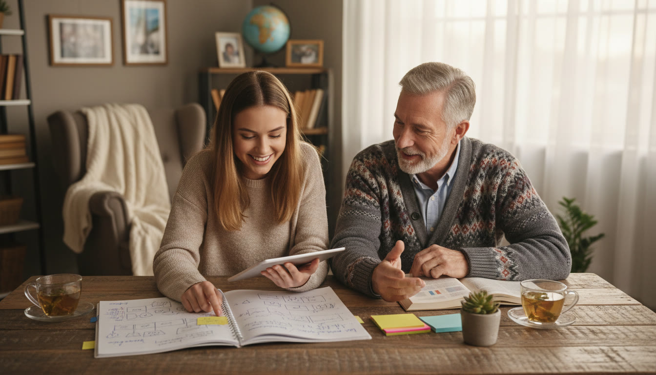 Photo Idea : A student reviewing notes with a tutor in a cozy study space