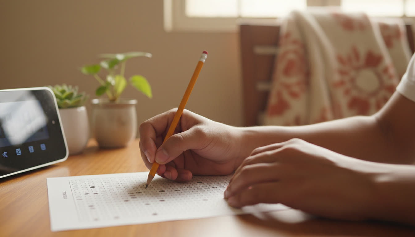 Photo Idea : Close-up of hands filling bubbles on an OMR sheet with a pencil and a timer visible