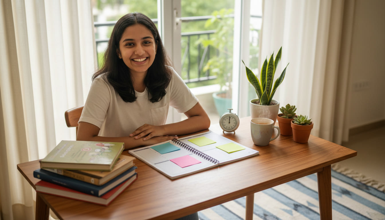 Photo Idea : Student at a tidy desk surrounded by textbooks, a planner open with sticky notes and a timer beside a cup of tea