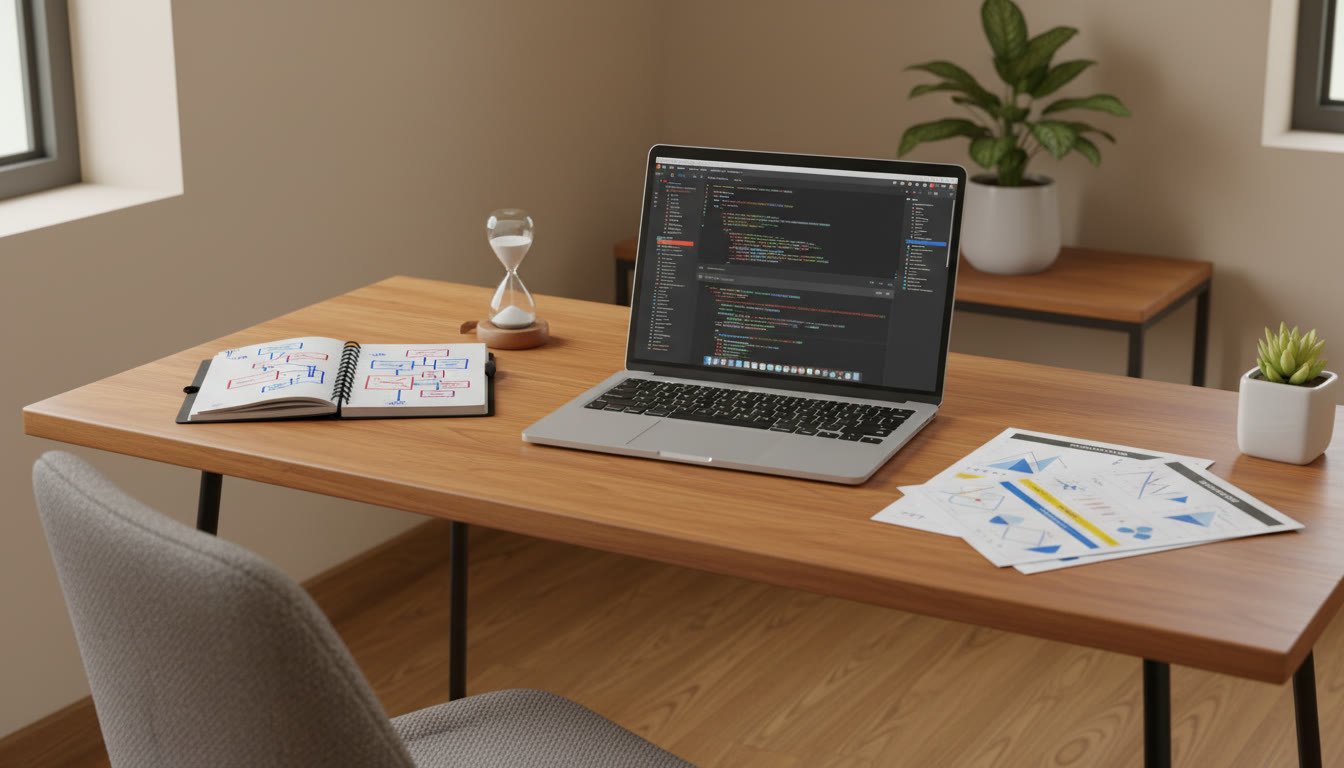 Photo Idea : a small desk with a neat error log notebook, a timer, and a highlighted mock test paper beside a laptop