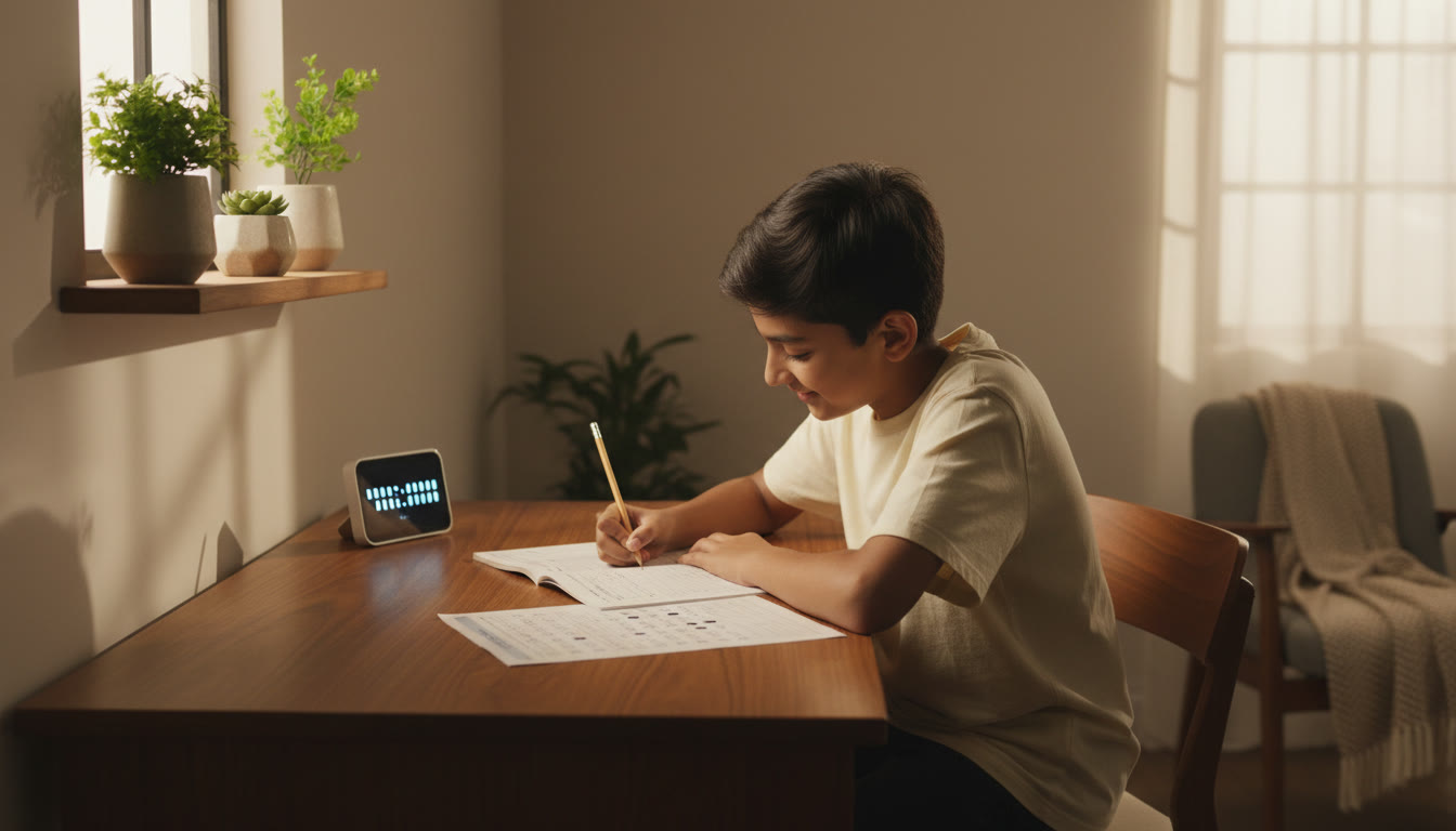 Photo Idea : A student solving MCQs under a timer with an OMR sheet beside them