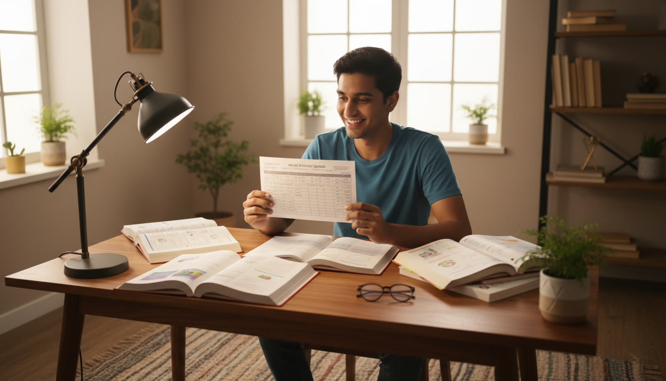 Photo Idea : Student reviewing a printed mock scorecard at a desk with open Physics, Chemistry, and Biology books