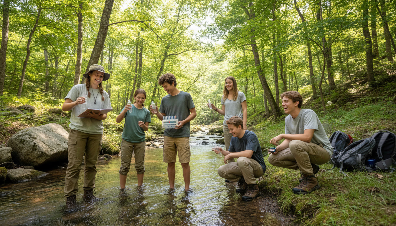 Photo Idea : Students collecting water samples at a stream with notebooks and test kits