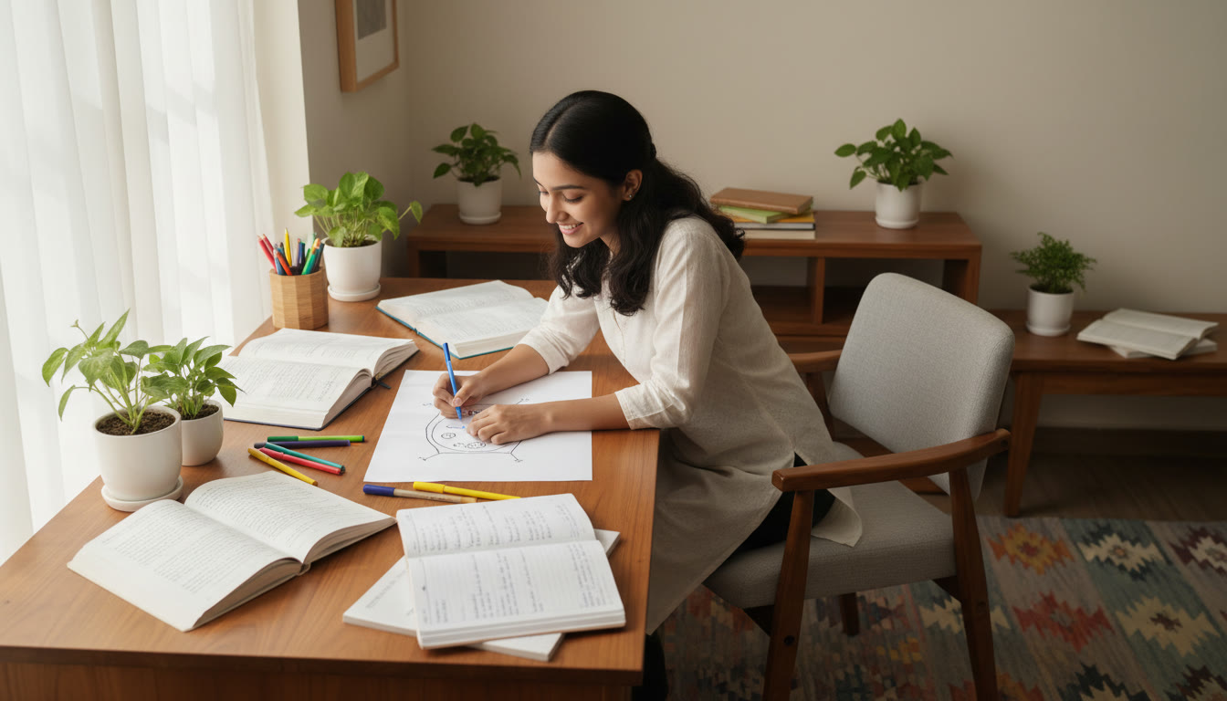 Photo Idea : A student drawing a clean, labelled diagram on paper, surrounded by subject notes and colored pens.