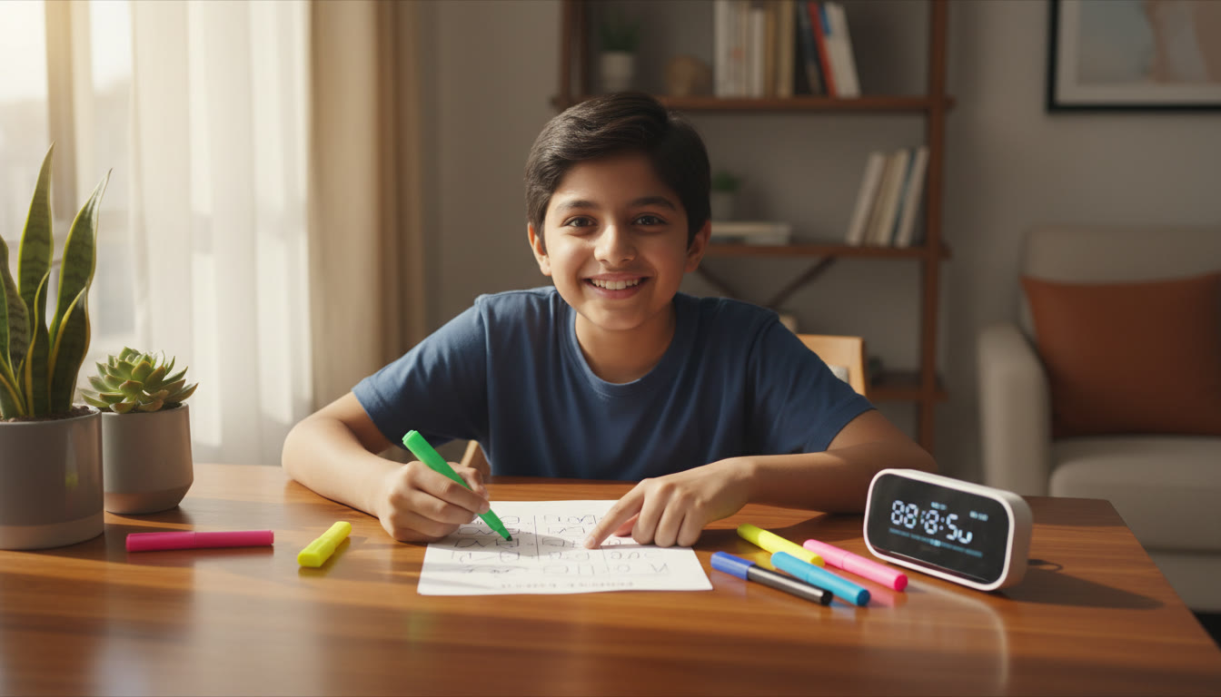 Photo Idea : Student at a study table reviewing a mock test paper with a timer and highlighters