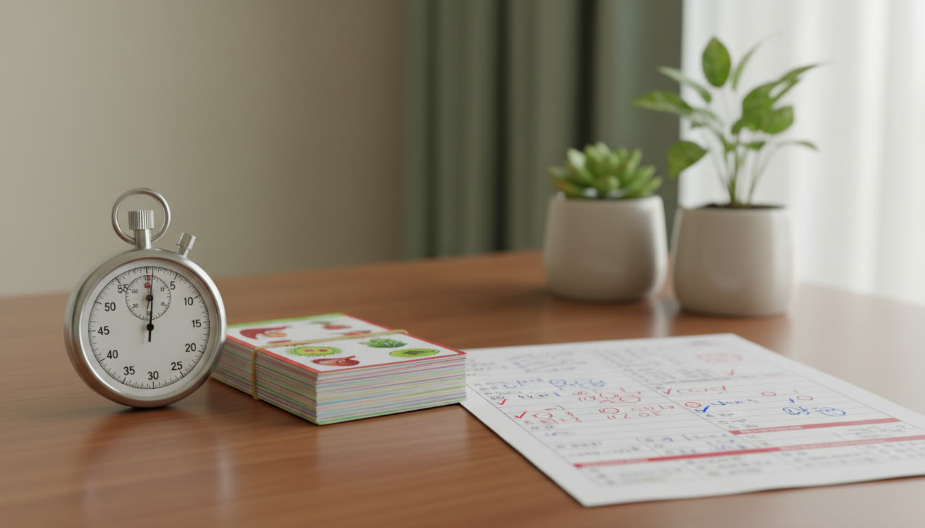 Photo Idea : Close-up of a stopwatch beside a stack of biology flashcards and a marked-up practice paper