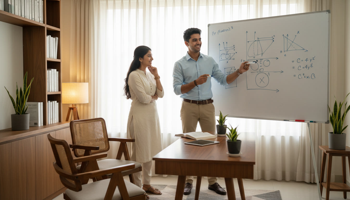 Photo Idea : A tutor guiding a student at a whiteboard, pointing to a solved physics problem.