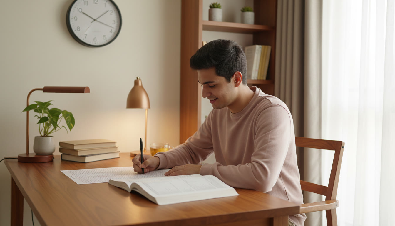 Photo Idea : A student calmly filling an OMR sheet at a desk with a clock visible, showing focus and steady pacing.