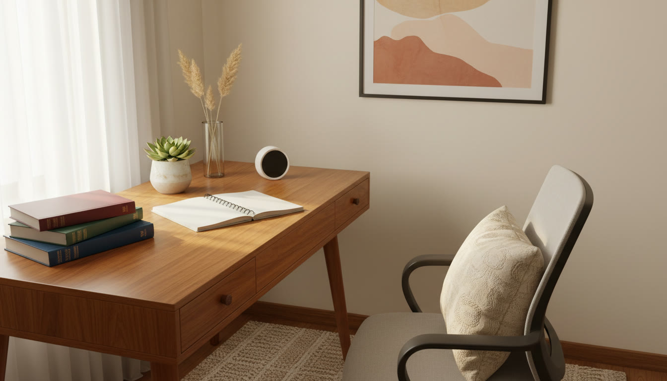 Photo Idea : A calm study corner with NEET books, a notebook, and a timer on the desk