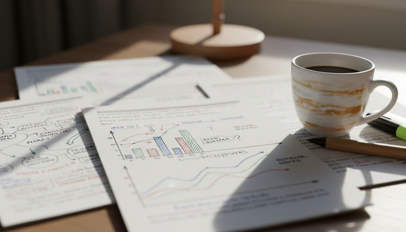 Photo Idea : Close-up of annotated IA pages with charts and a cup of coffee