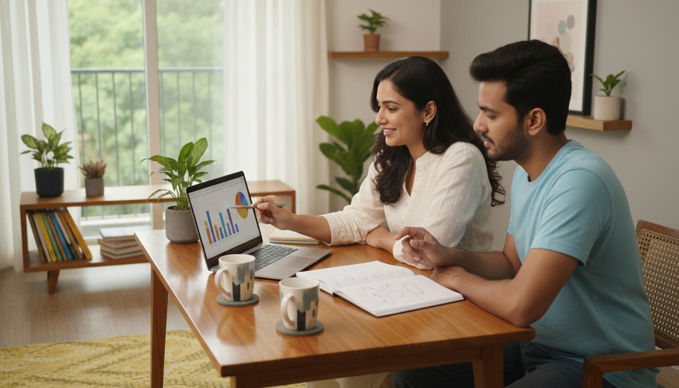 Photo Idea : A tutor and student reviewing a mock test report on a laptop, pointing at charts and notes.
