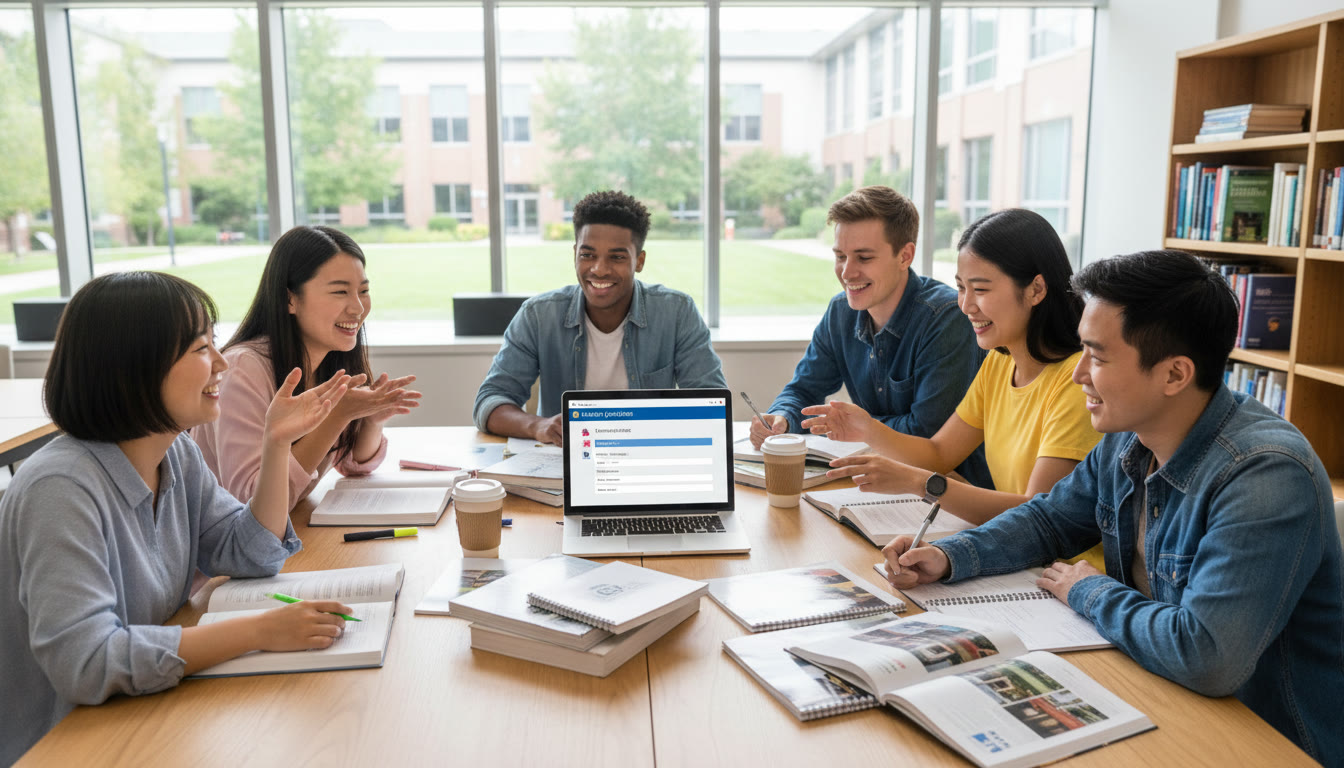 Photo Idea : A diverse group of IB students studying around a table with university brochures and a laptop showing application forms